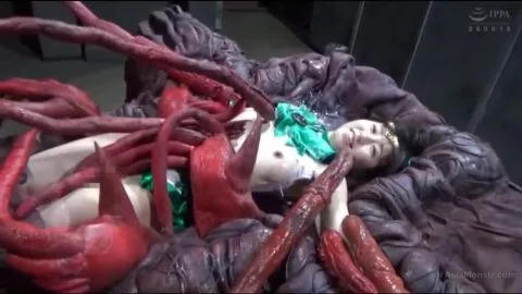 Asian Girl in Green Dress Restrained by Tentacles