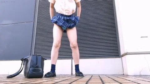 Asian Teen in Blue Bikini Teases on School Stairs