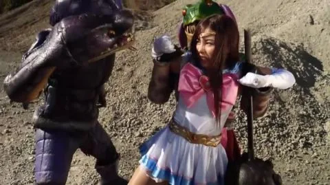 Asian woman battles monster in fantasy scene