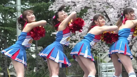 Asian Cheerleaders in Cherry Blossom Park