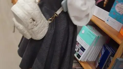 Library Lady in Gray Dress