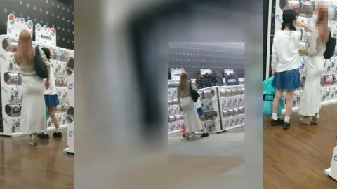Asian Blonde in Long Dress at Store