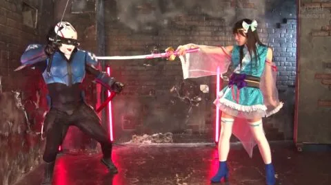 Asian Warrior in Blue Dress Fights in Futuristic Armor