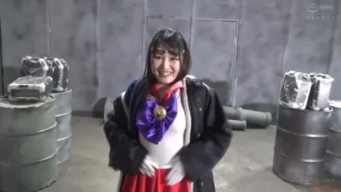 Asian Girl in Red Costume with Males in Industrial Setting