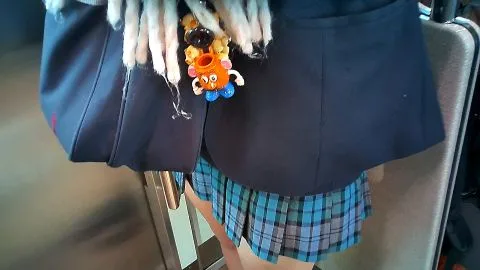 Asian Teen in Plaid Skirt on Public Transport