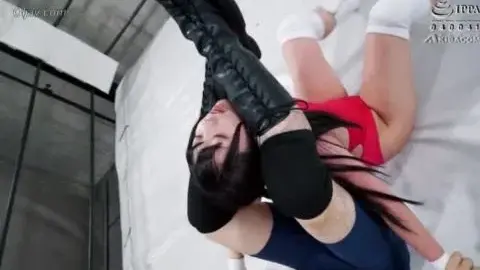 Asian Women Wrestling in Red Leotards