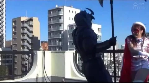 Asian Cosplay Duo Interact on Rooftop