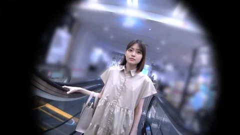 Asian Woman Shopping on Escalator