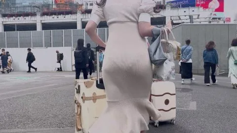 Brunettes in Beige Dresses at Train Station