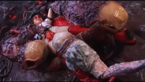 Asian Performer in Red Mask Bondage Scene