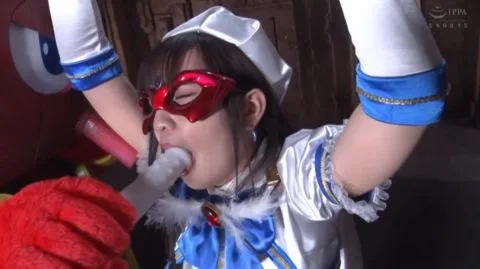 Asian woman in red mask and white costume with creature