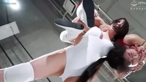 Asian Lesbians Wrestling in Red and White