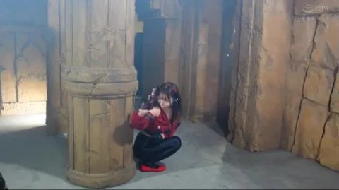 Asian Girl in Red Jacket Posing in Futuristic Settings