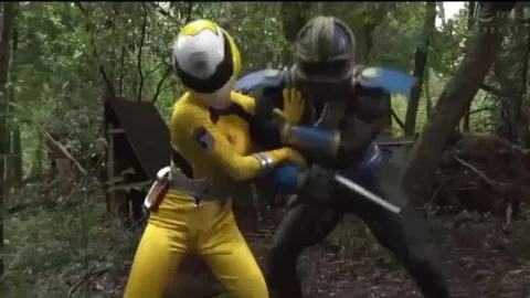 Asian Costumed Trio Engage in Forest Battle