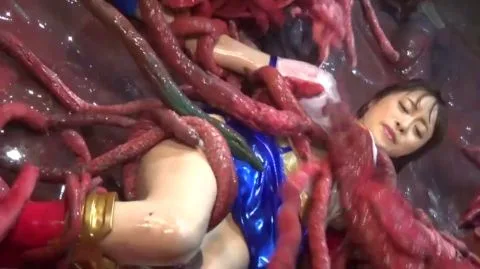 Asian Teen in Blue Bikini Entangled in Red Tentacles