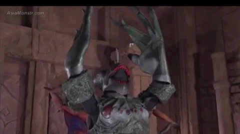 Asian cosplayer in red costume with muscular warrior