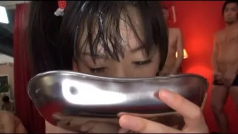 Asian girl with ponytail gets gangbang