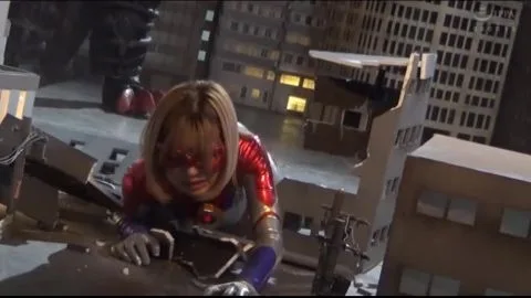 Blonde Asian in Red Mask and Costume in Erotic Scenes