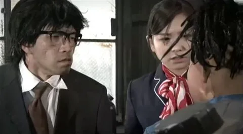 Asian Office Threesome with Glasses and Red Scarf