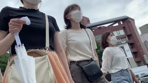 Asian Girls Walking City Street