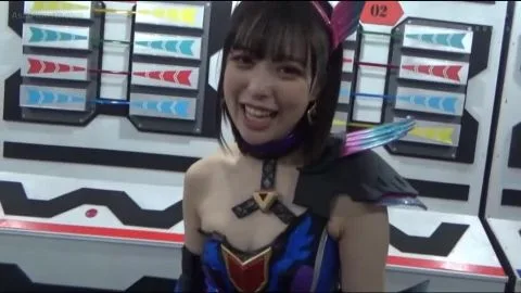 Asian woman in futuristic setting with industrial workers