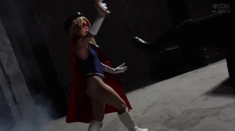 Blonde in Bodysuit and Cape Wields Sword