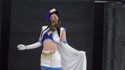 Asian Model in Blue Costume Performs