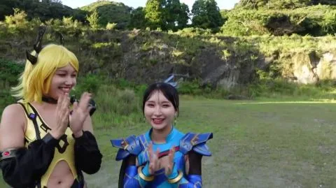 Asian Cosplay Girls in Armor Outdoor Encounter