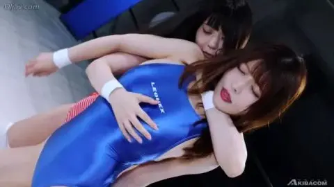 Asian Lesbians Wrestling in Striped Swimsuits