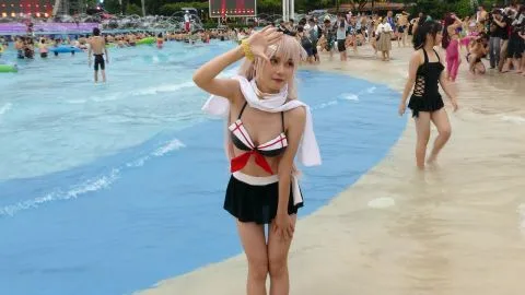 Asian Cosplay Girls in Swimwear at Water Park