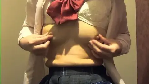 Asian Teen in White Bra and Plaid Skirt Masturbating