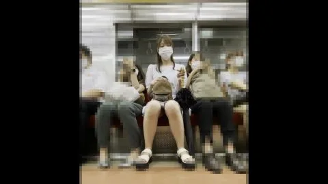 Asian girl in public transportation and bathroom
