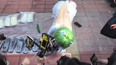 Asian Green Hair Model in White Bodysuit Outdoor