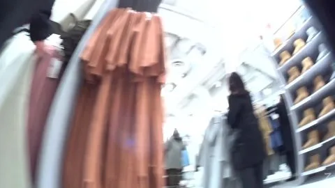 Asian Teen in Plaid Skirt at Clothing Store